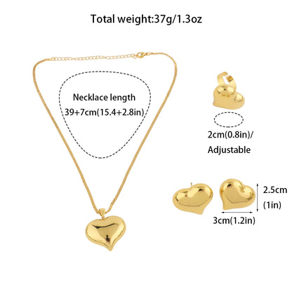 Gold-Tone Stainless Steel Minimalist Heart Jewelry Set for Women Chic Daily Wear Earrings Necklace Ring Combo Gift