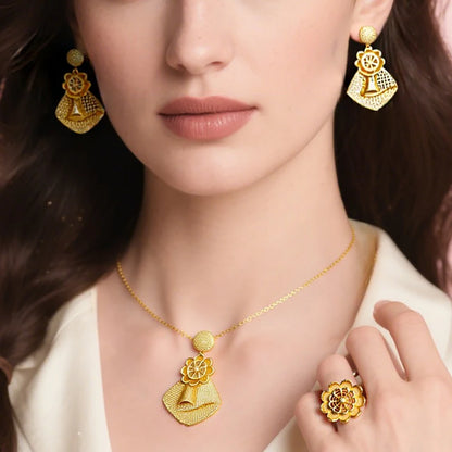 France Luxury 24k Gold Color Jewelry Set For Women Dubai Bridal Wedding Necklace Earrings And Rings Set African Party Gifts