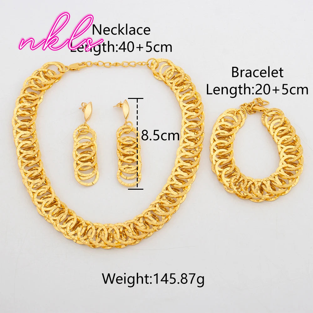 Dubai Fashion Earrings Set Gold Color Necklace Chain African Bracelet Women's Nigerian Jewelry Set for Luxury Wedding Party Gift