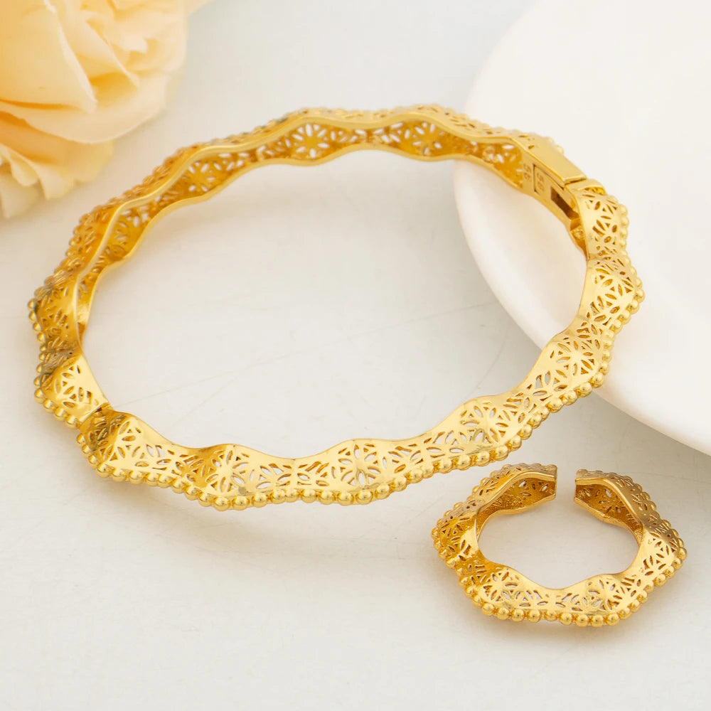 Women's Bracelet with Ring Gold Color Charm Bracelets Exquisite Cuff Bangles Hollow Out Design Open Ring Fashion Jewelry Gifts