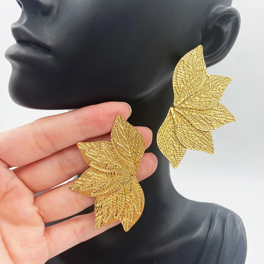 Fashion Leaf Drop Dangle Earrings Stainless Steel Prevent Allergy Metal Popular Jewelry Statement Style Gold Plated Jewellery