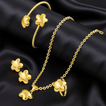 Plated 4Pcs Flower Jewelry Set for Women, Stainless Steel Necklace Earrings Bracelet Ring Gift America Fashion Party