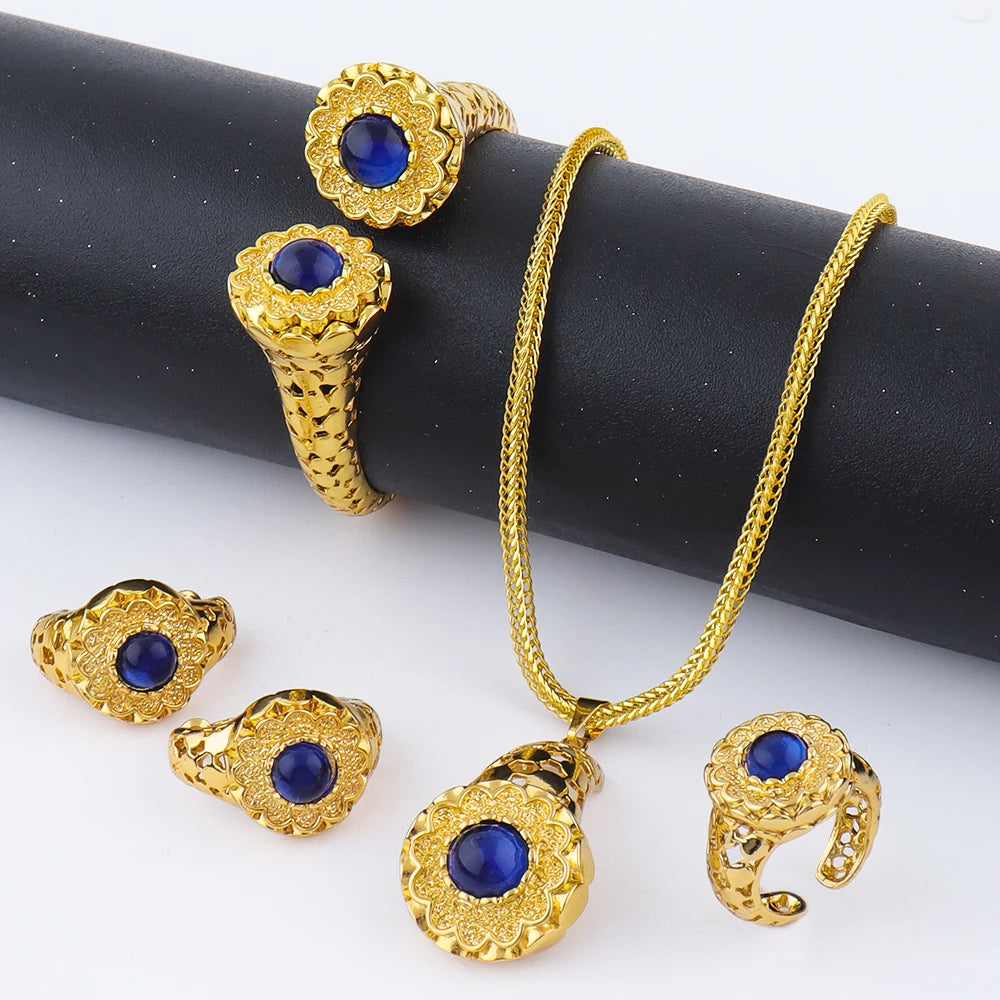 Dubai 24k Gold Plated Jewelry Sets for Indian Bridal Costume Necklace Earrings Bracelet Ring Sets Nigerian Wedding Party Gifts