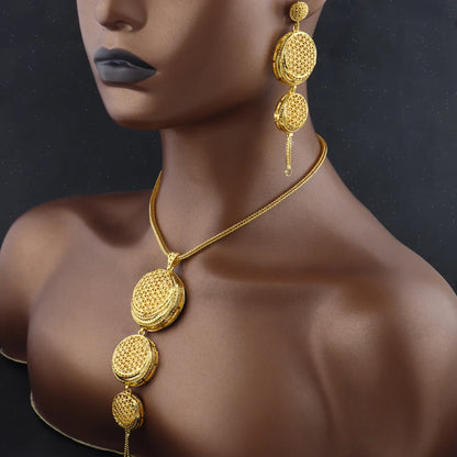 Dubai Stainless Steel Round Jewelry Set for Women Indian Bridal Costume Gold Plated Necklace Earrings Set For Wedding Party Gift