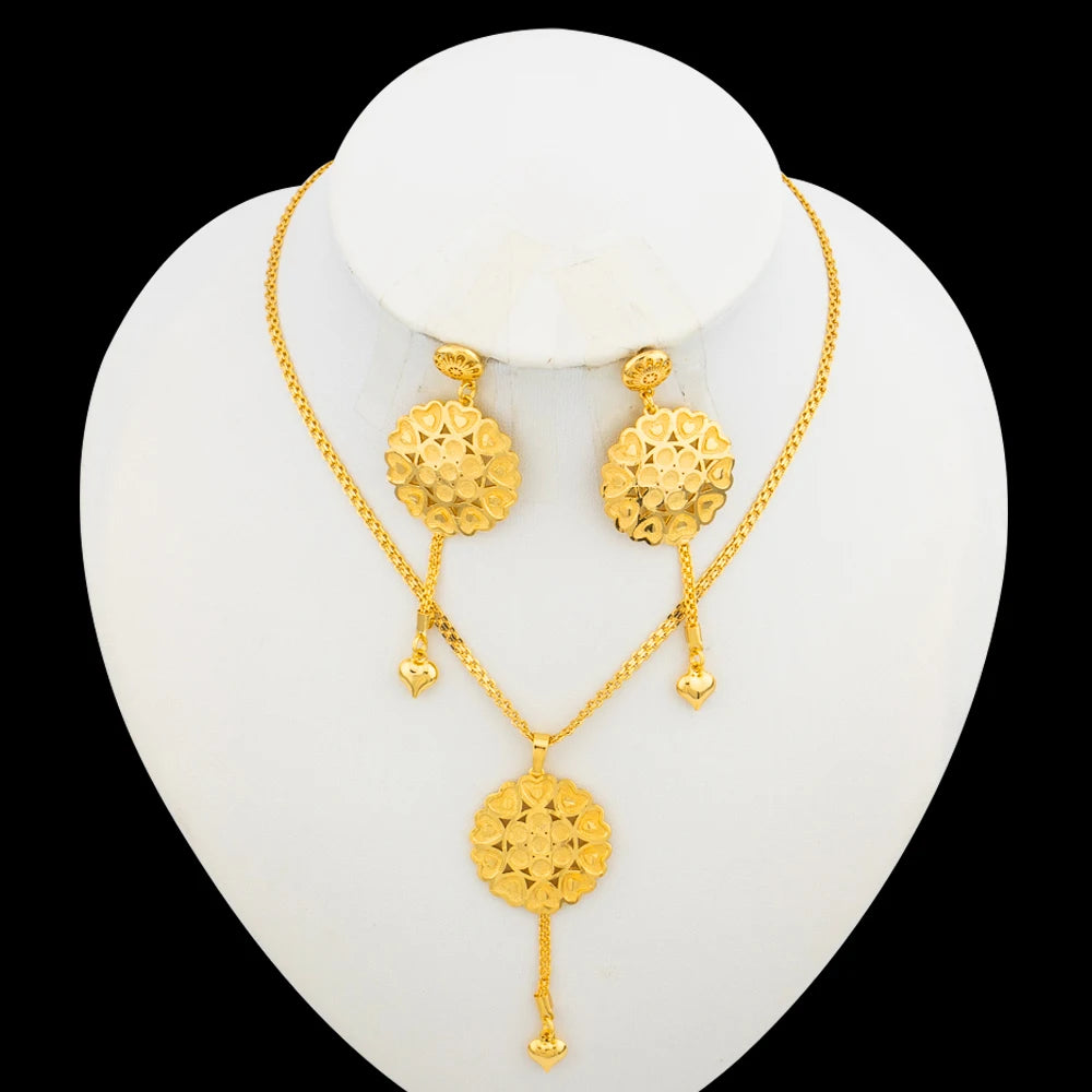Ethiopia Golden Plated Jewelry Set Ladies Elegant Necklace and Earrings 2Pcs/Set Afican Dubai Party Bridal Jewelry Accessories