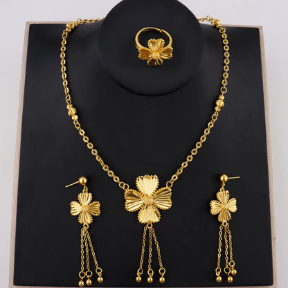 Elegant Gold-Tone Flower Jewelry Set for Women, Delicate Necklace Earrings Ring Gift for Party Wedding Daily Wear