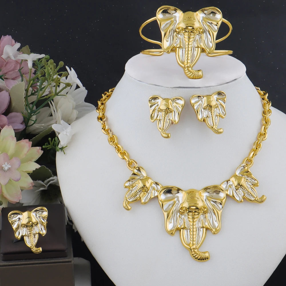 luxury gold plated woman jewerly set Dubai Gold Color Elephant Bracelet Ring Earrings Necklace Set For Women Party Gift