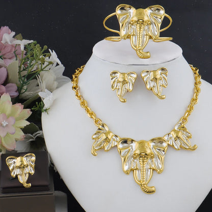 luxury gold plated woman jewerly set Dubai Gold Color Elephant Bracelet Ring Earrings Necklace Set For Women Party Gift