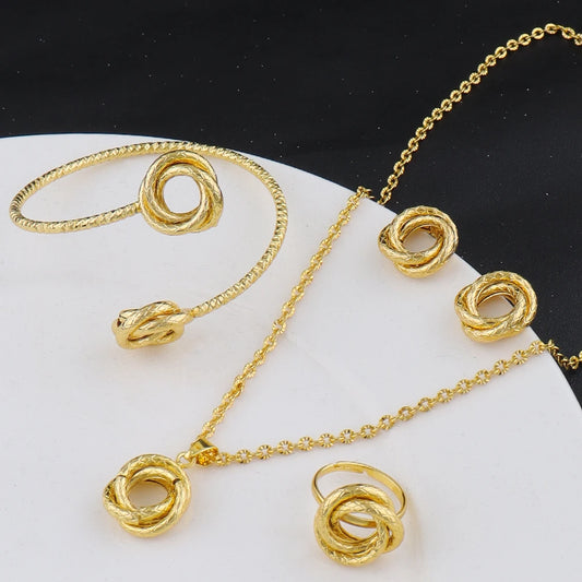 4Pcs/Set Gold Color Interlocking Circles Roman Numbers Jewelry Sets Stainless Steel Necklace Bracelet Earrings Ring  Design Sens