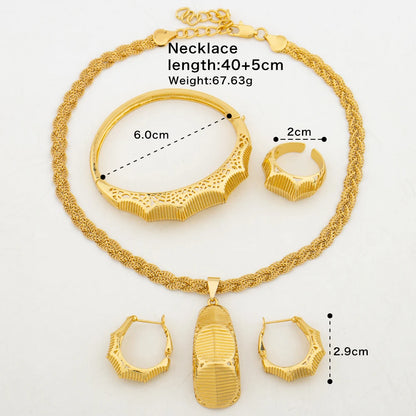 Ethiopian Gold Color Jewelry Set for Party Elegant Pendant Necklace and Hoop Earrings African Women Cuff Bangle Ring Set