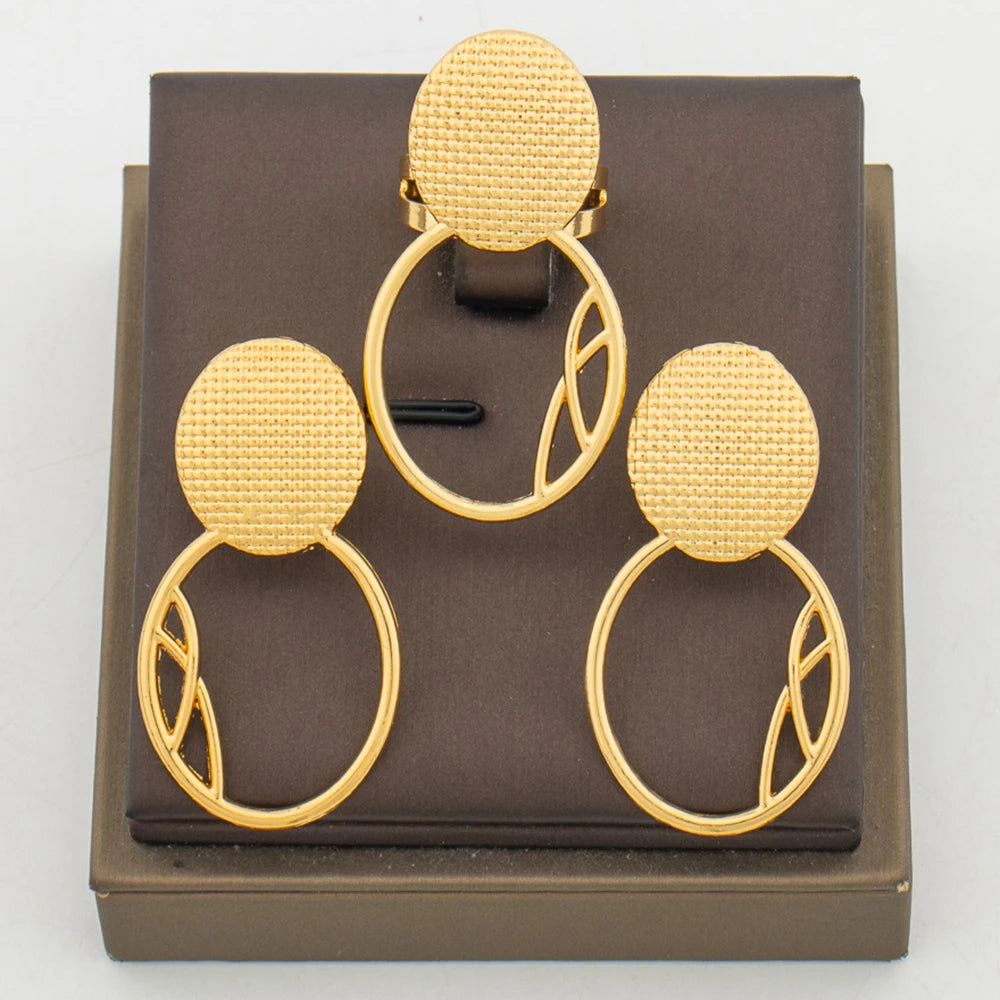 Trend Gold Color Earrings with Ring Set for Party Geometry Design Earrings Cocktail Ring 2Pcs Set for Engagement Party Jewelry