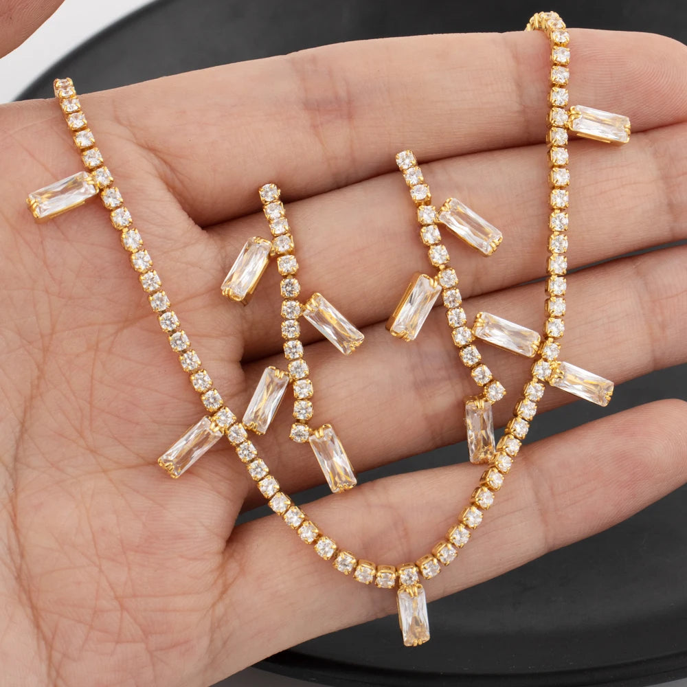 Italy Bohemia Square Zircon Jewelry Set, Elegant France Style Earrings & Necklace Gift for Women Party Dating Jewellery