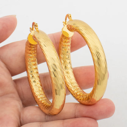 Gold Plated Hoop Earrings Round Big Circle Earring For Women Daily Wear 60mm Smooth Ear Birthday Gift Copper Jewelry Accessories