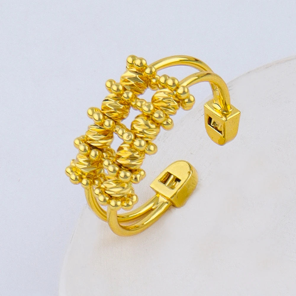 Gold Color Classic Bangle with Ring African Fashion Gold Plated Charms Jewelry Set for Women Luxury Wedding Bracelet Ring Set