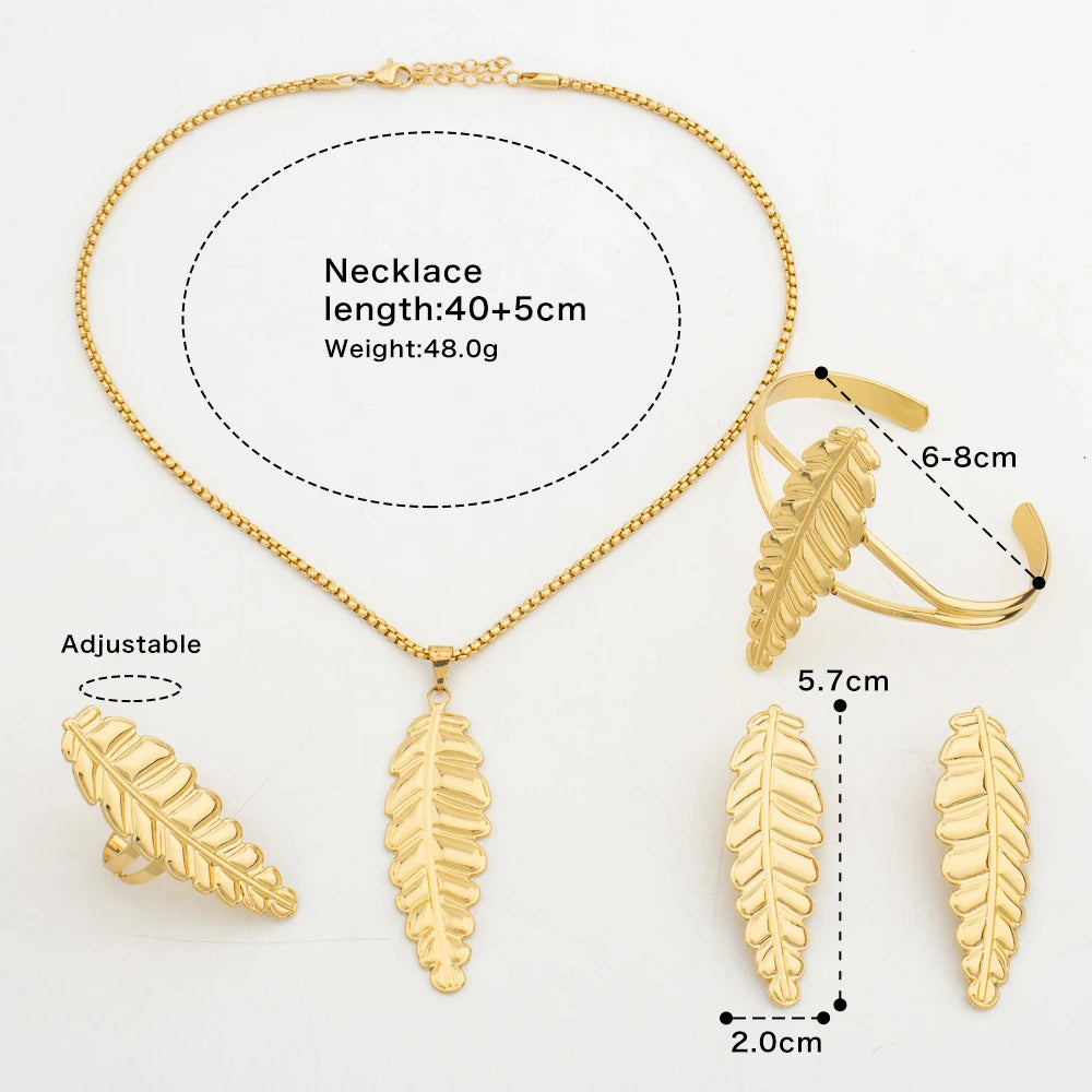 YM Jewelry Sets for Women Retro Leaf Pendant Temperament Necklace Gold Color Earrings Ring Party Gift Fashion Jewellry Accessory