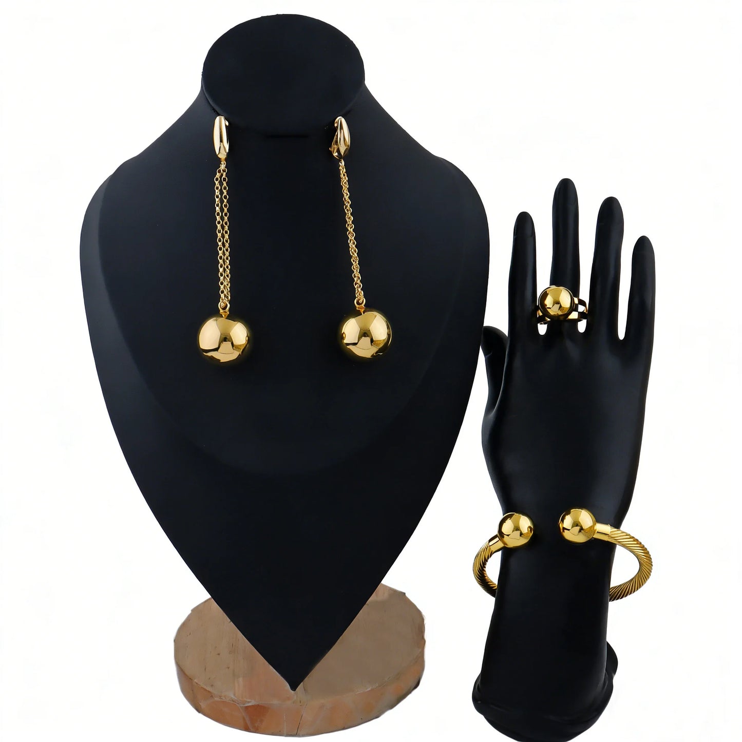 Dubai Earrings Bracelet and Ring Jewelry Set Ball Design African Weddings Cuff Bracelet Ring Earrings 3PCS