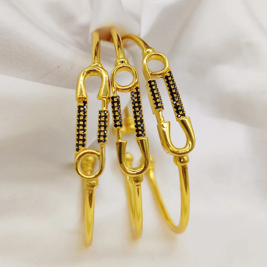 3pcs Black Zircon Cuff Bangles Dubai Gold Color Jewelry Wedding Bride Women Crystal Charm Bracelets Birthday Anniversary Gifts