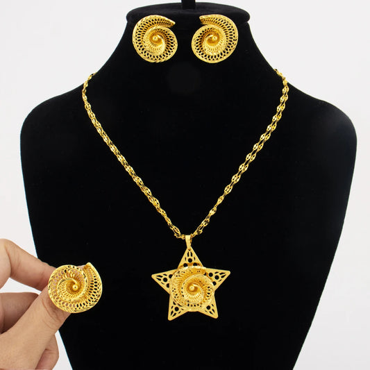 Gold Plated Star Shape Necklace Women's Earrings Ring Set Dubai Wedding Gold Jewelry 2 Piece Set Christmas Party Favor