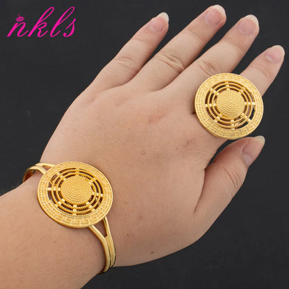 Plated Italian Cuff Bangle & Ring Jewelry Set for Women—Luxury Dubai African Wedding Christmas Gift