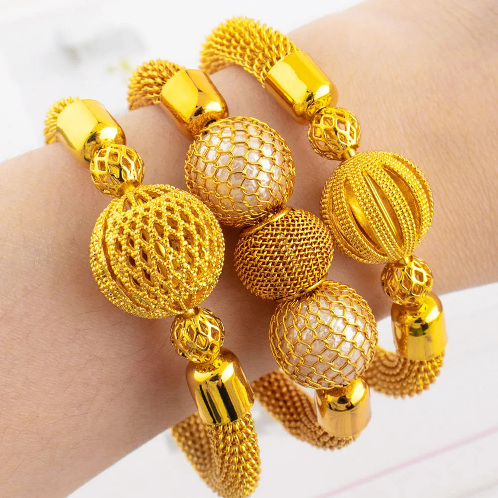 Tone Dubai Bead Grid Adjustable Bangle for Women, Luxury Fashion Bracelet Gift for Party Wedding Mother’s Day, Jewelry