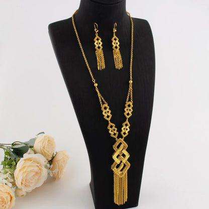Plated Indian Bridal Jewelry Set: Long Pendant Necklace & Earrings for Women, Nigeria African Dubai Wedding Gift, Elega