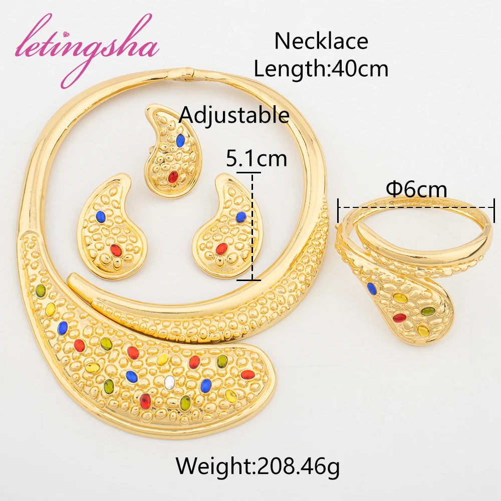 Fashion African Women Jewelry Dubai Luxury Gold Plated Necklace Earrings Bangle Rings Set Gold Color Jewelry Set for Party Gifts