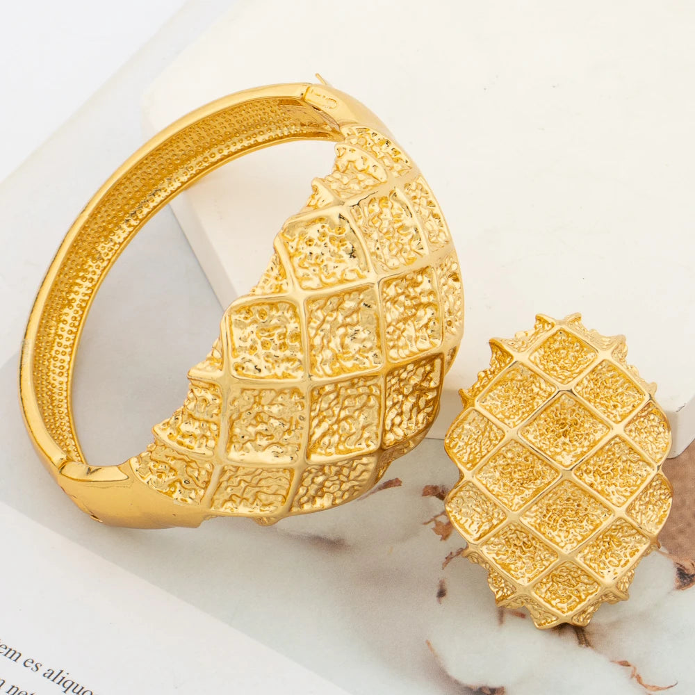 Dubai Bangle with Ring Set for Women New Design Gold Plated Hand Bracelet with Finger Ring Set Wedding Party Jewelry Engagement