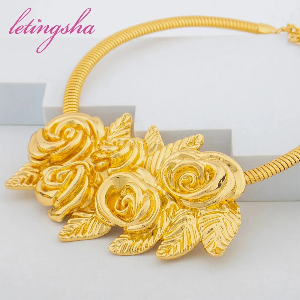 Luxury Noble Gold Plated Necklace Earring Ring Bracelet Set for Women Complex Design Jewelry Set Gift for Party Wedding