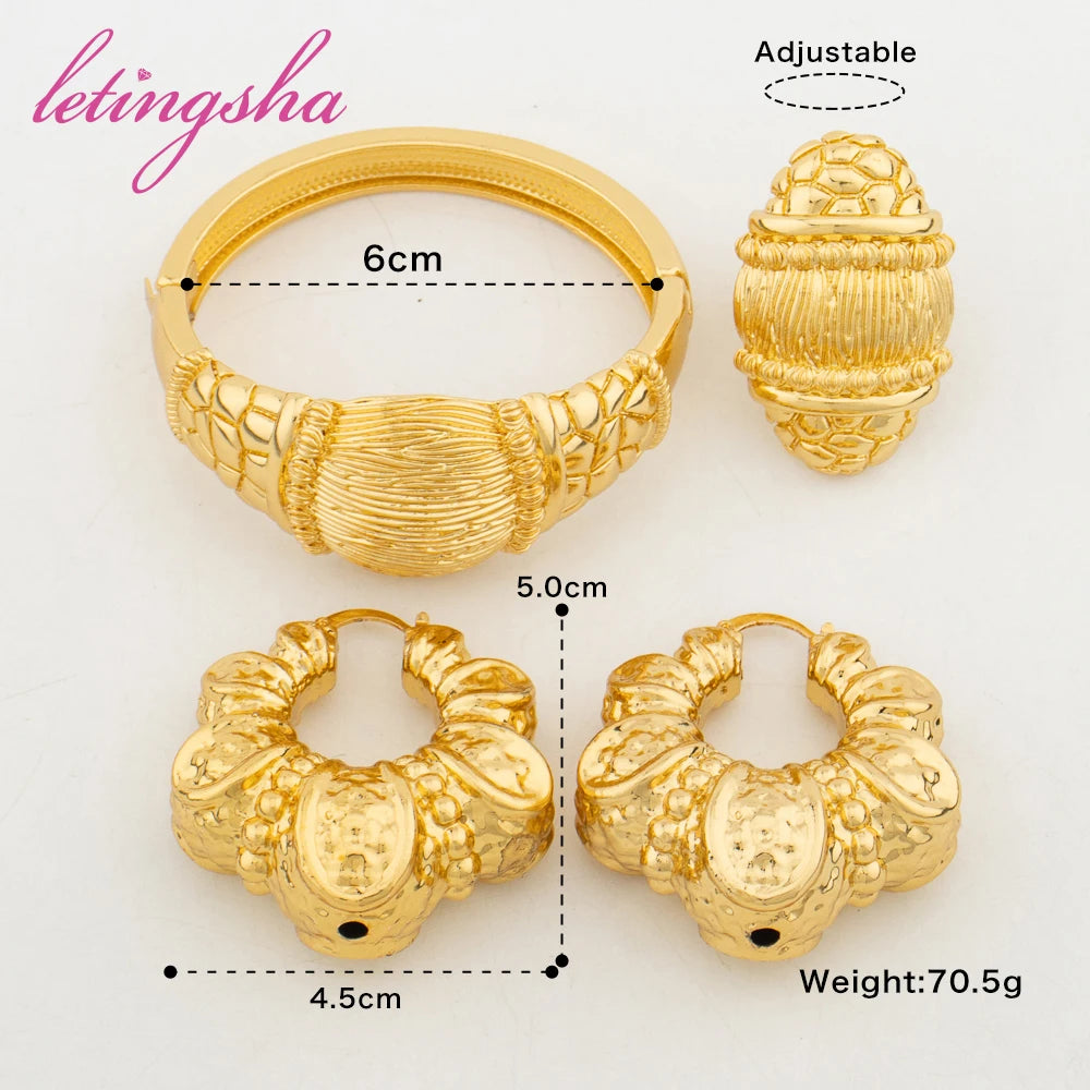 Exquisite Cuff Bangle Luxury 18K Gold Plated Hoop Earrings For Women Adjustable Rings Jewelry Set Daily Wear Gift