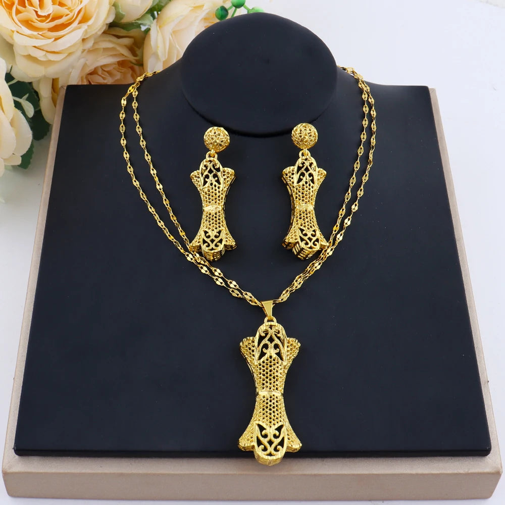Dubai 24K Gold Plated Necklace Earrings Jewelry Set For Women African Indian Nigeria Bridal Wedding Party Gift Accessories