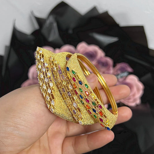 Dubai Gold Color Jewelry Set Colored Stone Design Hand Bracelet Weddings Bride Hand Bracelet with Finger Ring 2Pcs Set Brazilian