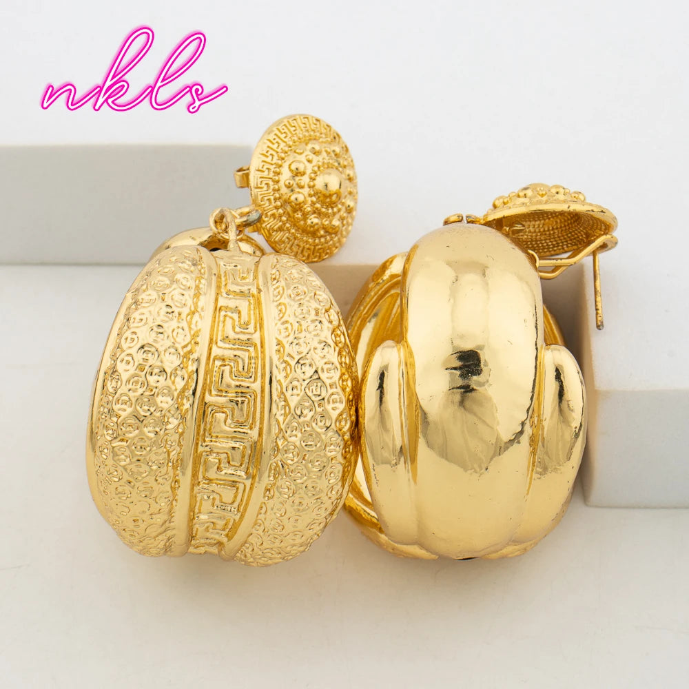 African Jewelry Set for Women Gold Color Necklace Earrings Drop Earrings Necklace Banquet Bride Bangle Ring Set Daily Wear