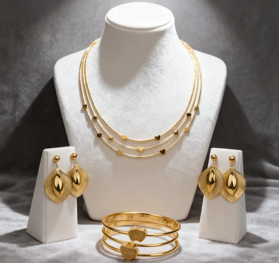 African Love Heart  Jewelry Sets for Women, 4Pcs Earring Set Necklace Bracelet Ring Wedding Party Gift