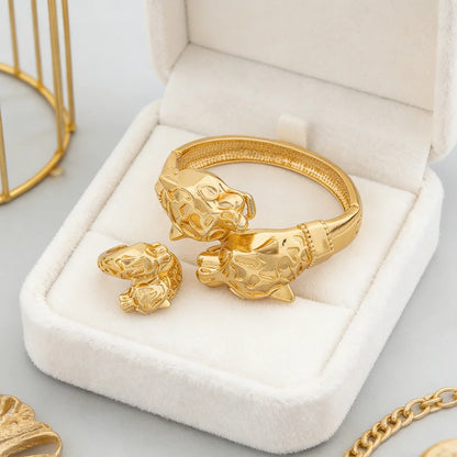 18K Gold-Plated Dubai Leopard Bracelet & Adjustable Ring, Copper Luxury Jewelry Gift for Women, Elegant Christmas Party Accessor