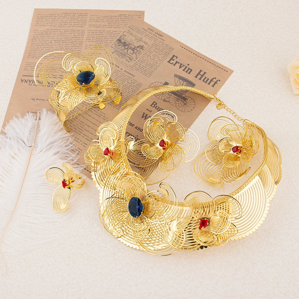 Luxury African Dubai Gold Color Jewelry Set For Women Long Chain Tassel Necklace Set Ethiopian Bride Wedding Bridal Gifts