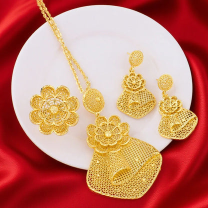 France Luxury 24k Gold Color Jewelry Set For Women Dubai Bridal Wedding Necklace Earrings And Rings Set African Party Gifts