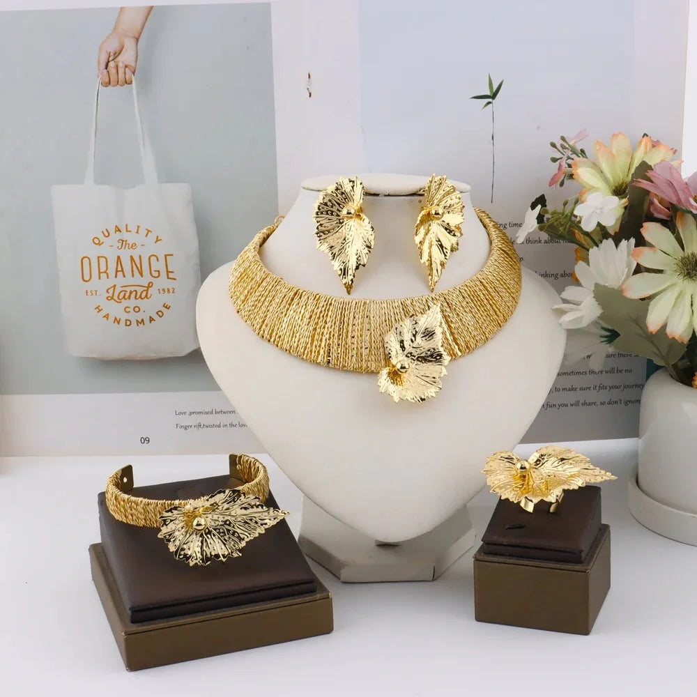 Gold Plated 4PCS Women Jewelry Set Luxury Leaf Shape Earrings Thick Collar Necklace Beautiful Bangle Ring For Wedding Party Gift