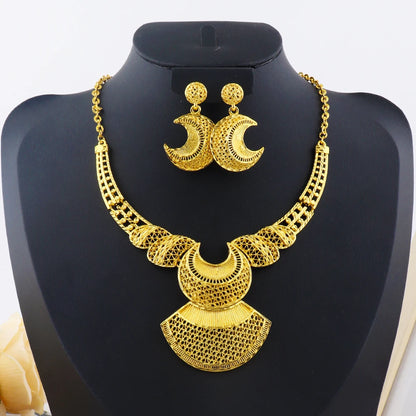 Elegant Gold-Tone Necklace & Drop Earring Set for Women, Dubai Bridal Wedding Jewelry, African Luxury Party Gift Accessory