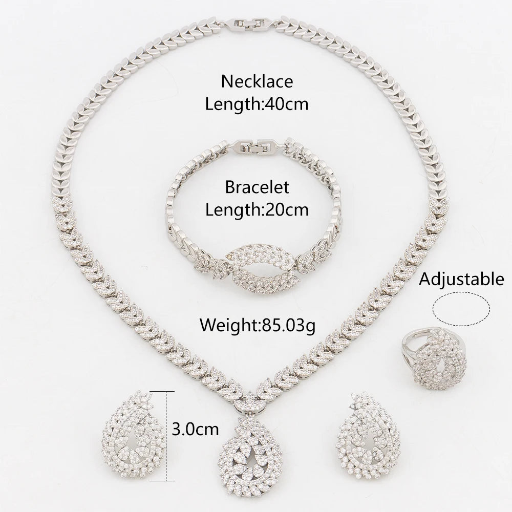 YM Sliver Plated Jewelry Set For Women Water Drop Earrings White Zircon Pendant Copper Necklace Bracelet Ring Anniversary Gifts