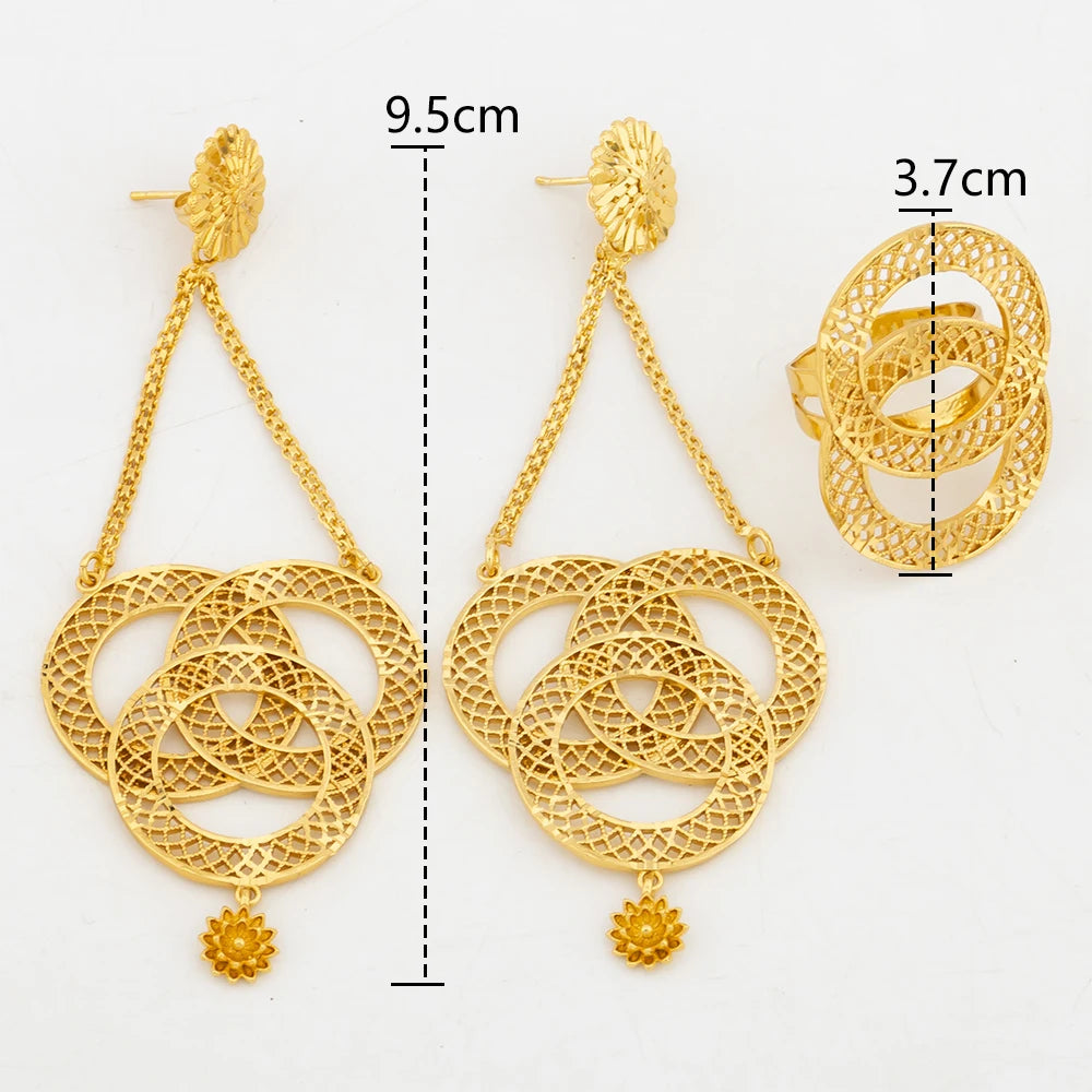 Trend 18k Gold Color Earrings with Ring Set for Women African Dubai Dangle Earrings and Ring Jewellery Set for Engagement Gifts