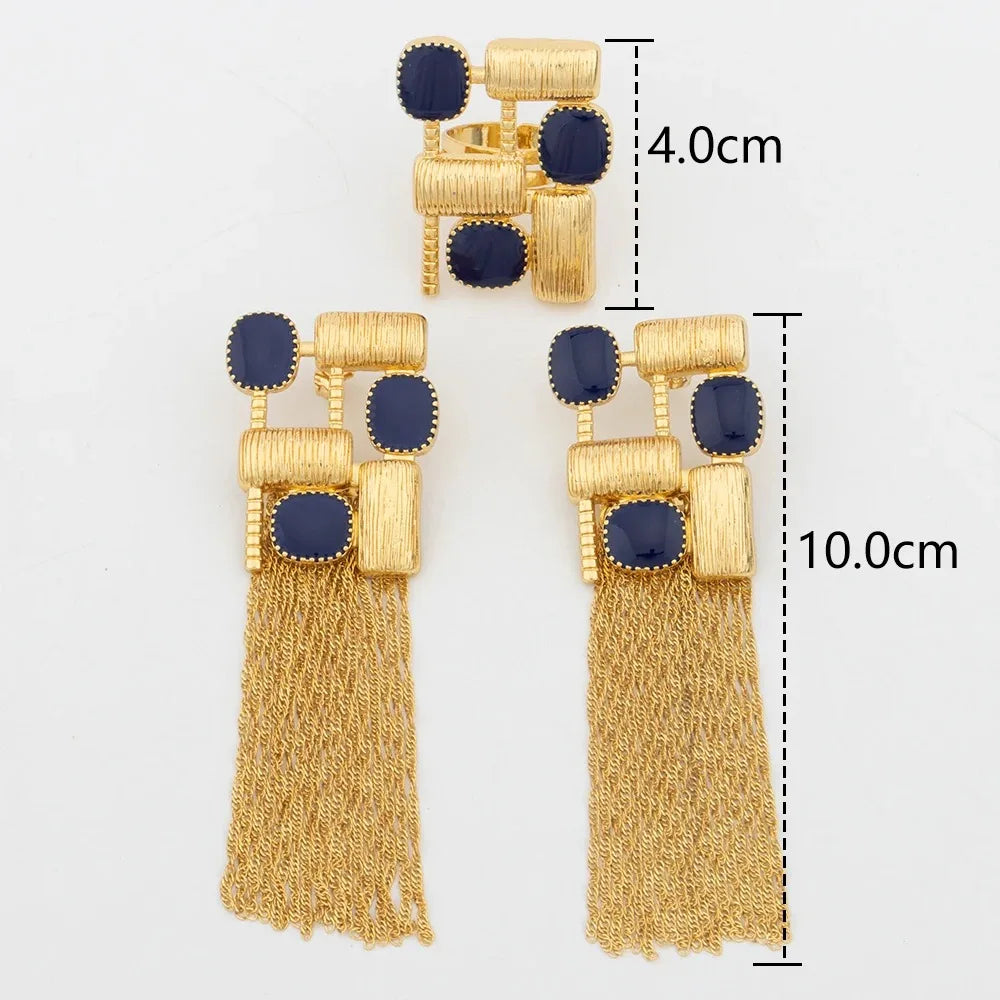Fashion Gold Color Jewelry Set for Women Nigeria Dubai  Irregular Design Tassel Earrings Multicolour Zircon Ring for Party