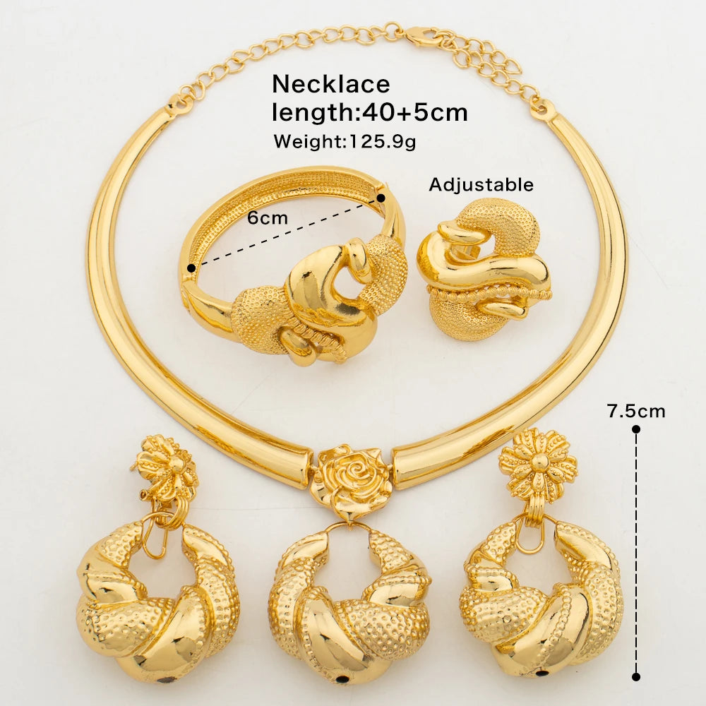 Fashion Women Jewelry Set for Party 18k Gold Color Earrings and Necklace Hand Bangle Ring Set for Weddings Bridal Jewellery Gift