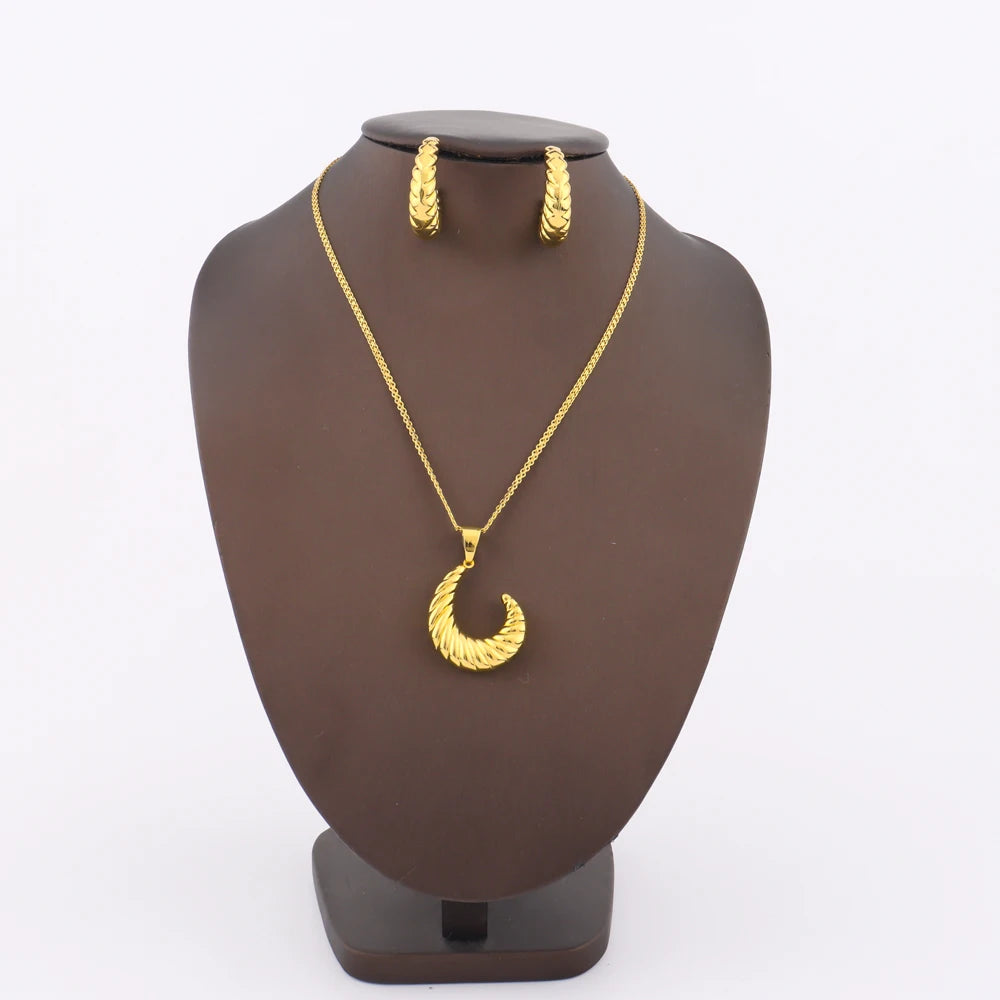 Dubai Crescent Moon Earrings & Necklace Set for Women, Luxury Wedding Party Gift, Trendy Jewelry Women Set