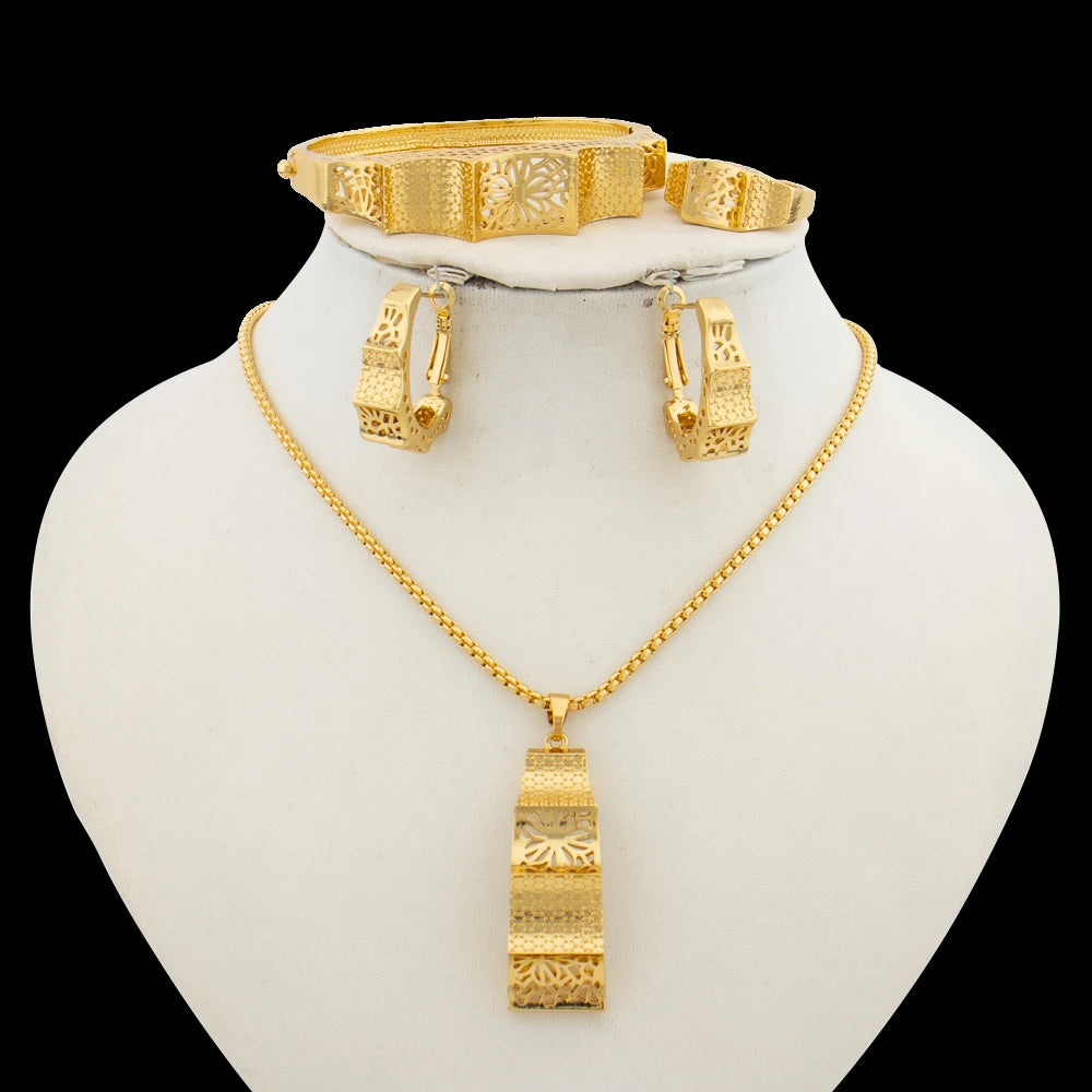 Fashion Women Jewelry Set for Party Pendant Necklace and Hoop Earrings Gold Color Copper Bridal Necklace Jewelry Accessories