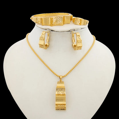 Ethiopian Gold Color Jewelry Set for Women Hollow Out Design Copper Necklace and Earrings Bracelet Ring Set for Engagement Gifts