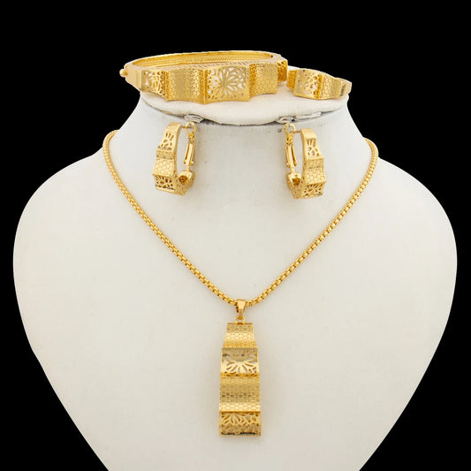 Ethiopian Gold Color Jewelry Set for Women Hollow Out Design Copper Necklace and Earrings Bracelet Ring Set for Engagement Gifts