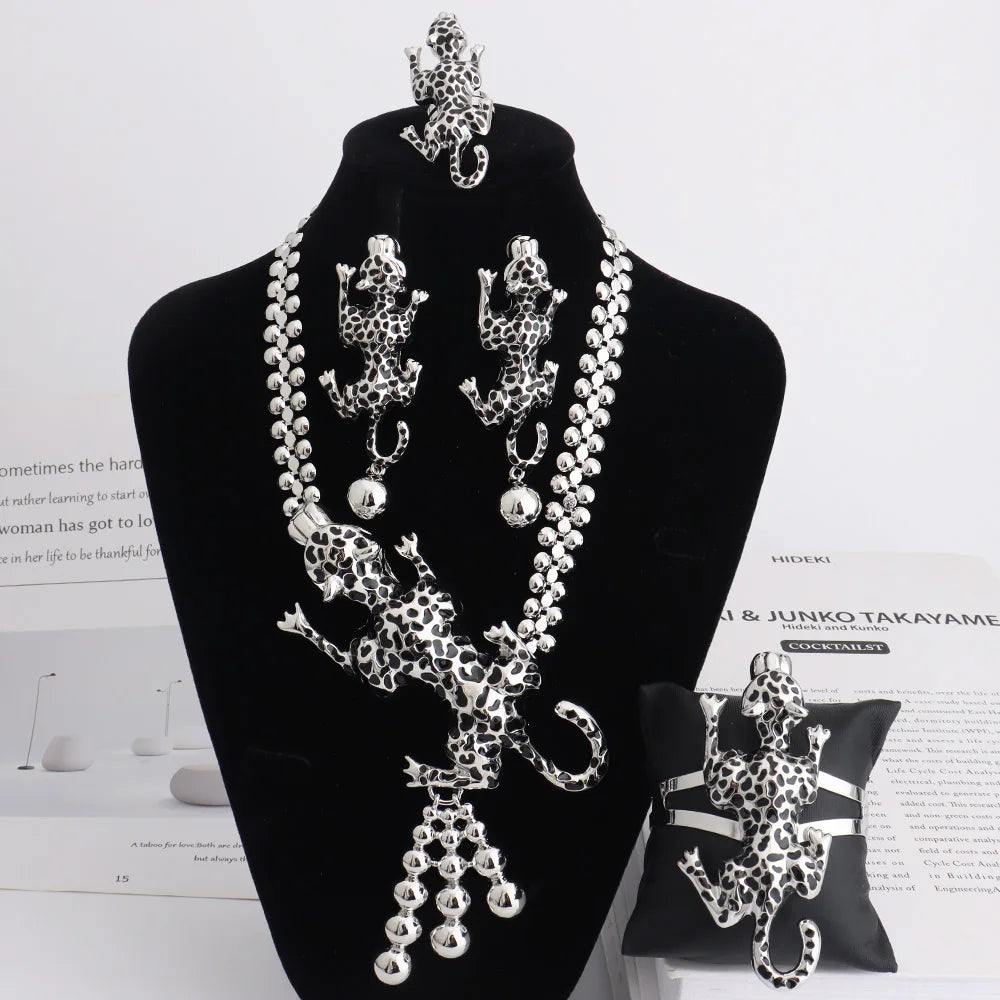 Africa Sliver Color Enameled Leopard Jewelry Set Exaggerate Nigerian Dubai Woman Necklace Earring Ring Bangle Easter Party Gift