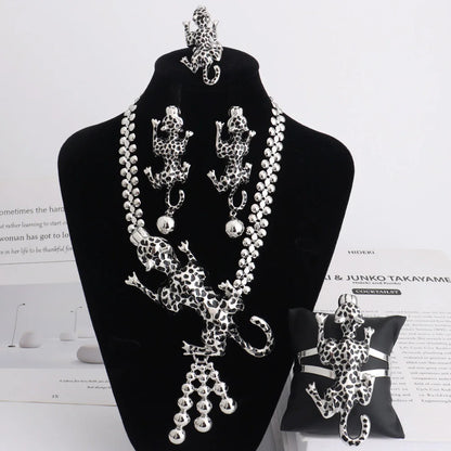 Africa Sliver Color Enameled Leopard Jewelry Set Exaggerate Nigerian Dubai Woman Necklace Earring Ring Bangle Easter Party Gift