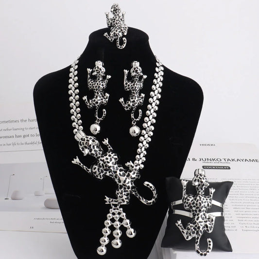 Africa Sliver Color Enameled Leopard Jewelry Set Exaggerate Nigerian Dubai Woman Necklace Earring Ring Bangle Easter Party Gift