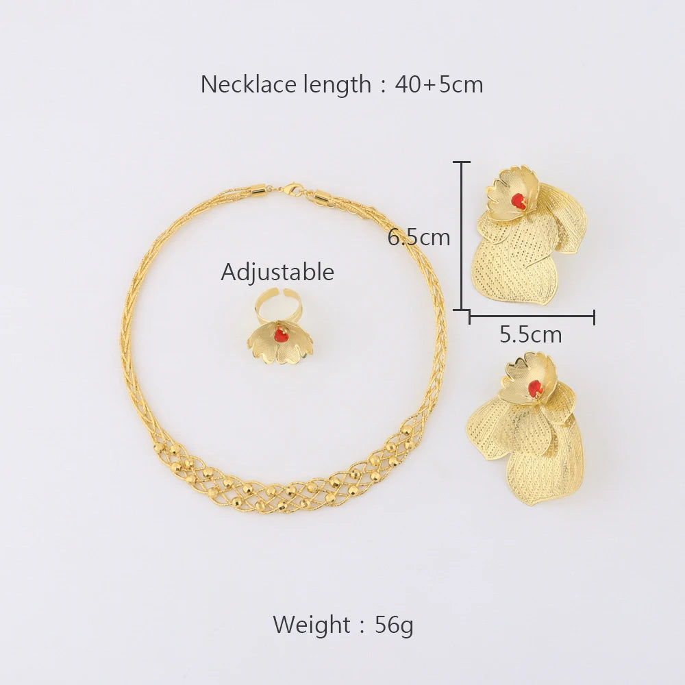 African Luxury Elegant Hollow Flower Shaped Necklace Ring Earrings Set For Party and Wedding Jewelry Set Gift For Women